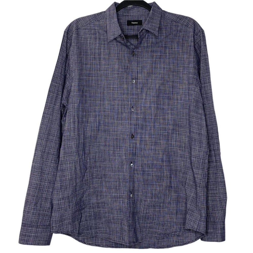 Theory Irving Plaid Button Shirt (Size Large) Men’s Long Sleeve Blue Grid